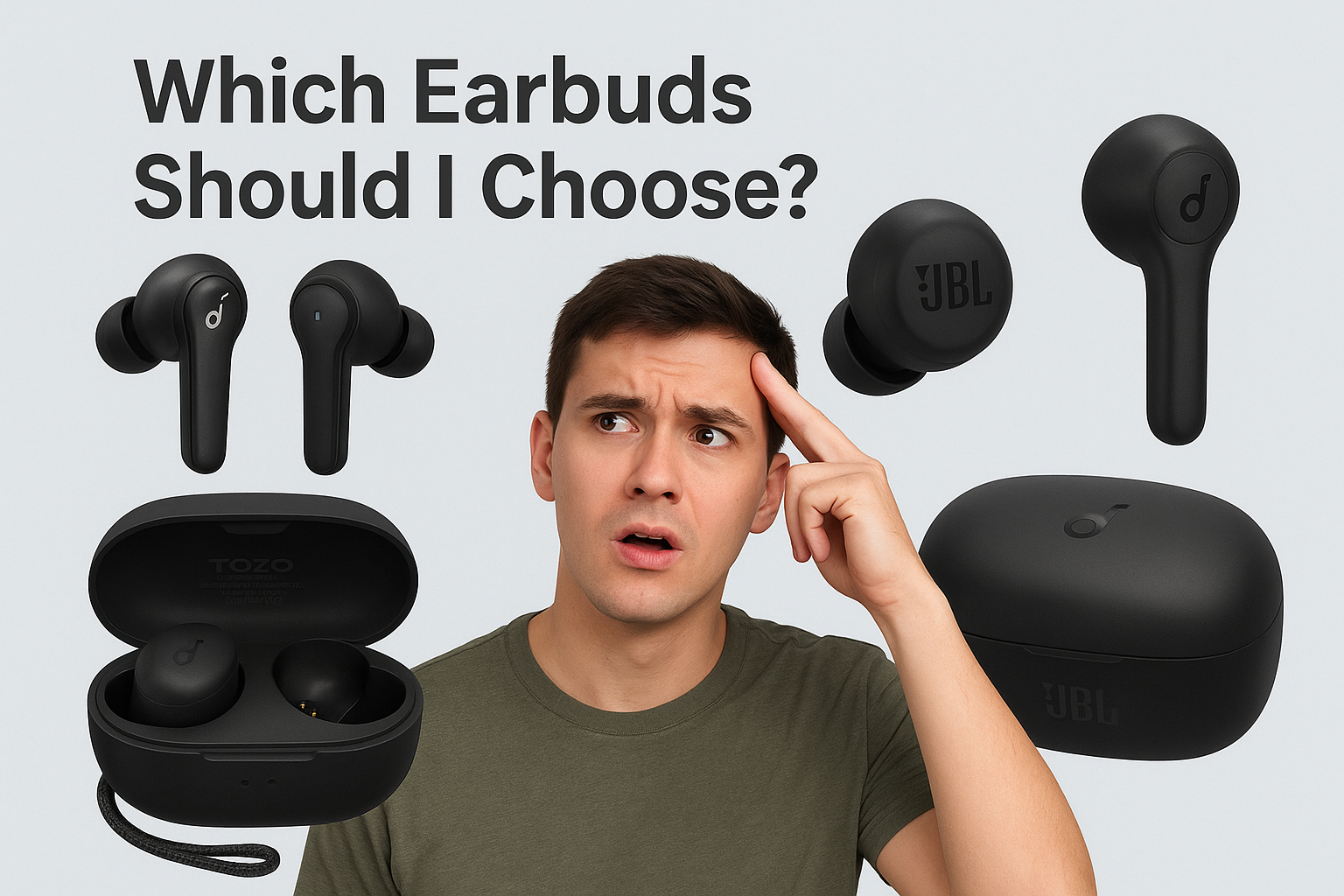 A comparison of five best wireless earbuds under $50 in 2025, including models from Anker, JBL, JLab, TOZO, and Soundcore
