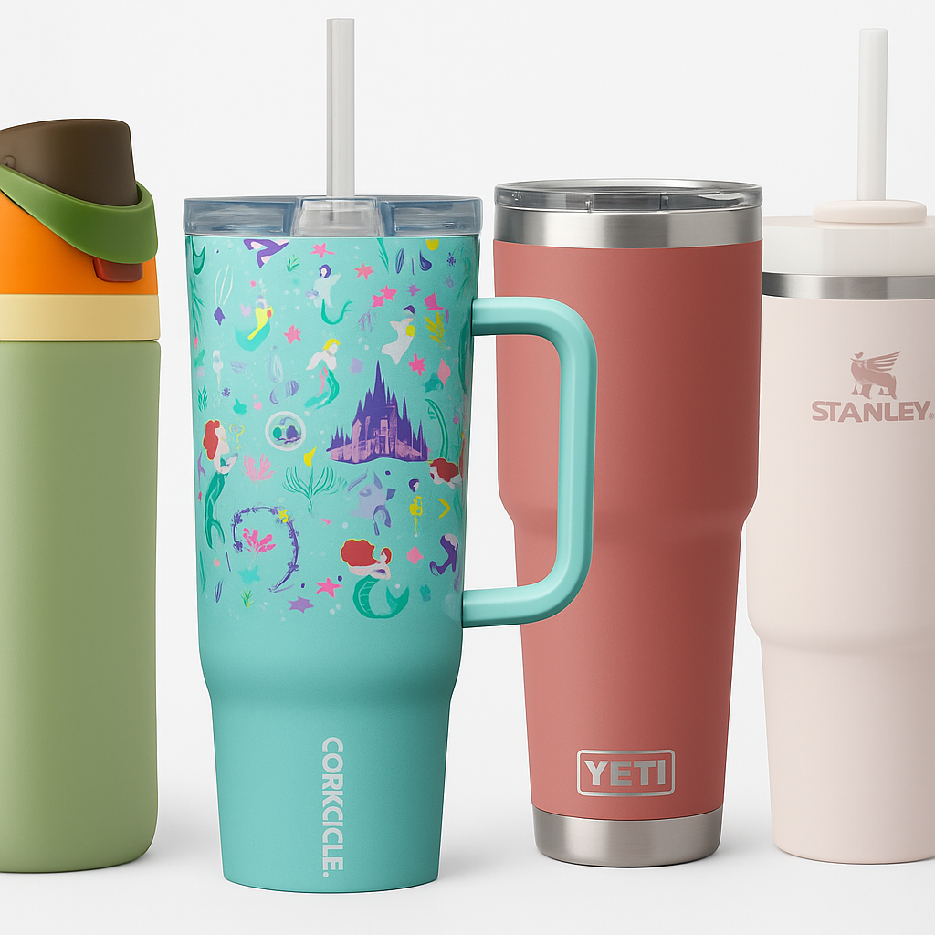 A row of four popular 2025 tumblers — Owala, Corkcicle, YETI, and Stanley — displayed on a clean white background, showcasing their modern and colorful insulated designs.