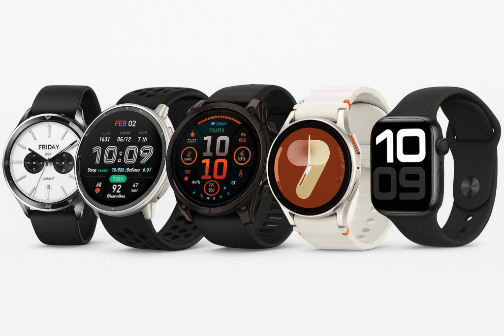 A lineup of five modern smartwatches from different brands, showcasing various designs and digital displays.